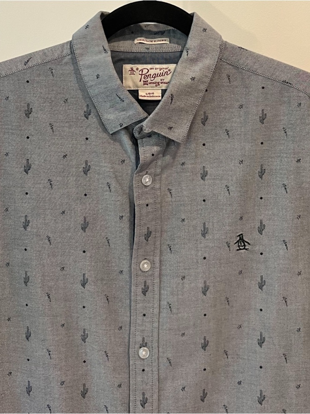 Original Penguin Blue Cactus Print Slim Fit Button Down Shirt Mens Sz Large